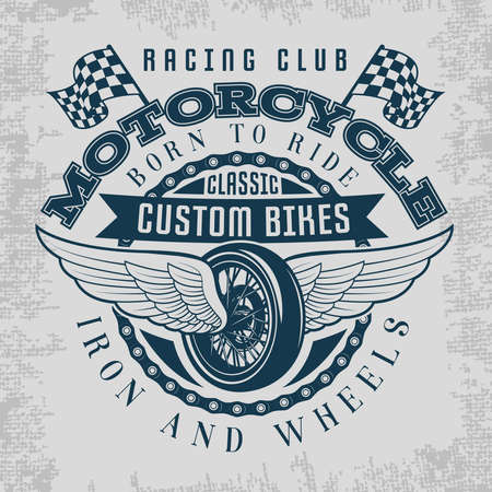 Wheel and wings print with descriptions of racing club classic custom bikes iron and wheels vector illustrationのイラスト素材