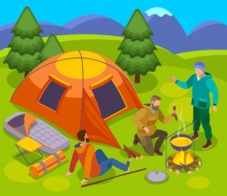 Hiking isometric composition with set tent campfire and group of male tourists in wild nature landscape vector illustrationのイラスト素材