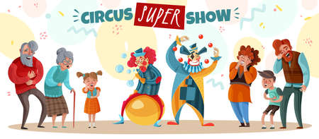 Elderly people adults and children laughing at circus clown show cartoon vector illustrationのイラスト素材