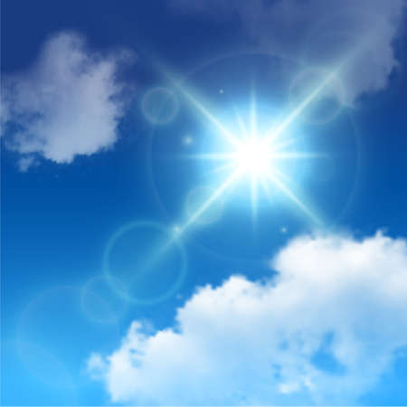 Realistic sun lens flares among white clouds on blue sky background vector illustrationのイラスト素材