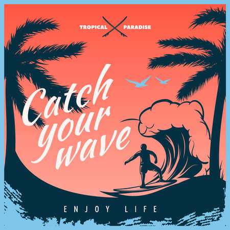 Colored surfing poster with big title white catch the wave enjoy life and surfer on the wave vector illustrationのイラスト素材
