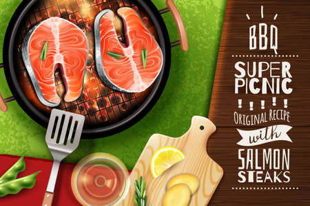 Realistic background with grilled salmon steak vector illustrationのイラスト素材