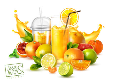 Realistic poster with citrus fruits and glasses of cold fresh juice on white background vector illustrationのイラスト素材