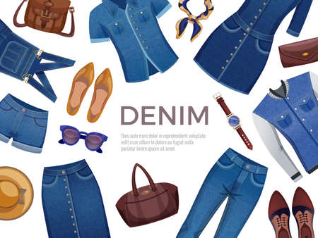 Decorative frame from male and female denim clothing with accessories on white background flat vector illustrationのイラスト素材