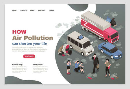 Air pollution page design with city transport symbols isometric vector illustrationのイラスト素材