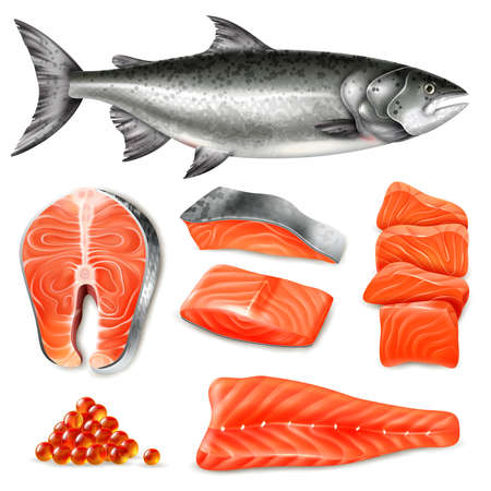 Salmon fish raw steaks and caviar icons set isolated on white background realistic vector illustrationのイラスト素材