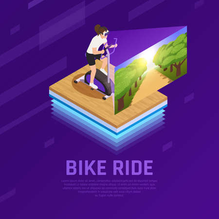 Woman in vr glasses with virtual nature on stationary bike isometric composition on purple background vector illustrationのイラスト素材