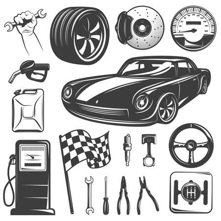 Car repair garage black isolated icon set with tools accessories and equipments  for auto repair shop vector illustrationのイラスト素材