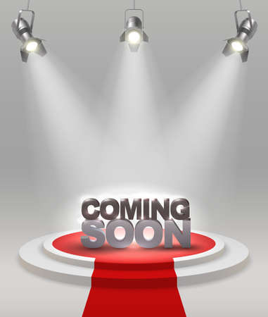 Coming soon colored composition on stage with red carpet that spotlights illuminate vector illustrationのイラスト素材