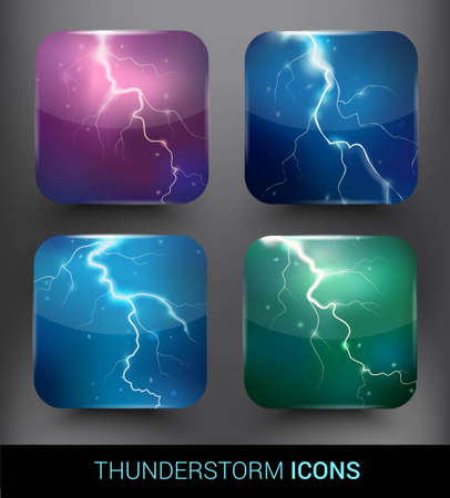 Realistic thunderstorm elements set with bright lightnings on colorful rounded squares isolated vector illustrationのイラスト素材