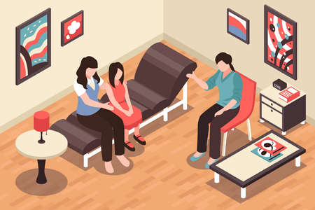 Family in depression feeling stress and sadness background isometric vector illustrationのイラスト素材