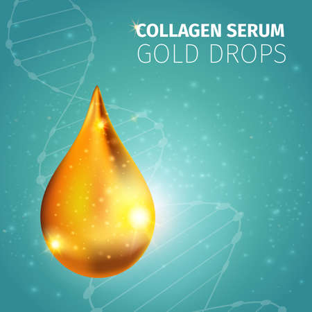 Collagen solution golden drop with illuminated glossy surface sparks on blue spotty background with dna vector illustrationのイラスト素材