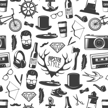 Hipster black seamless background pattern with isolated heads of man style and recognizable accessories vector illustrationのイラスト素材