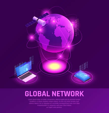 Global network isometric glowing composition with mobile devices and satellite internet on purple background vector illustrationのイラスト素材