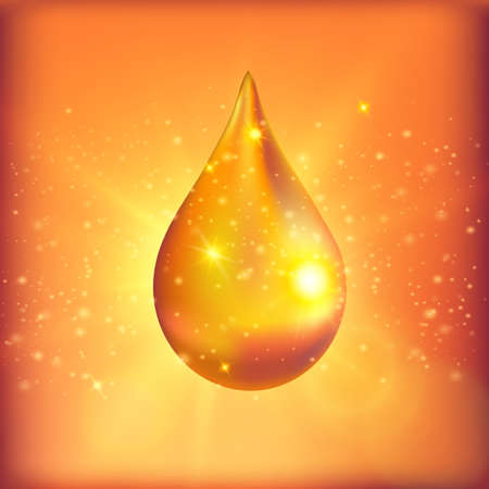 Supreme collagen oil drop with specks of light on surface on yellow orange spotty background vector illustrationのイラスト素材