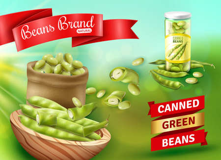 Realistic advertising poster with natural canned green beans vector illustrationのイラスト素材