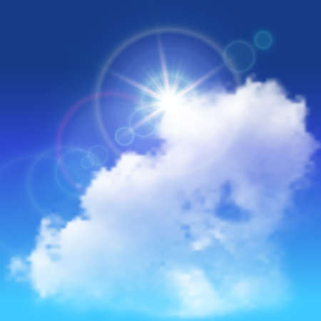 Realistic lens flares beams of sunshine above white big cloud on blue sky background vector illustrationのイラスト素材