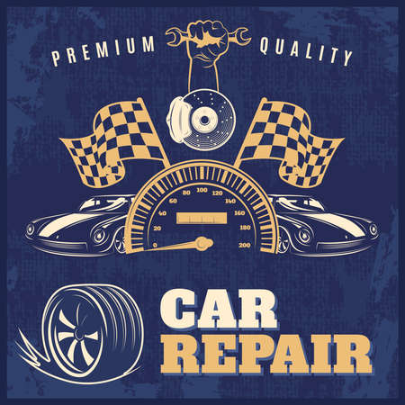 Car repair blue retro poster or flyer with headlines premium quality and car repair vector illustrationのイラスト素材