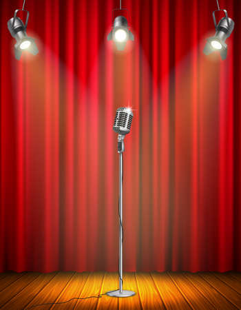 Vintage microphone on illuminated stage with red curtain three hanging spotlights wooden floor vector illustrationのイラスト素材
