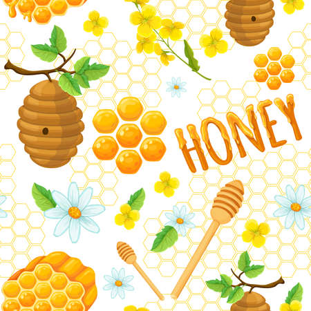Honey seamless background pattern with elements of honeycomb flowers and insects vector illustrationのイラスト素材