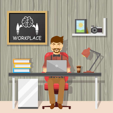 Hipster at workplace design with cheerful man behind desk and chalkboard on textural grey wall vector illustrationのイラスト素材