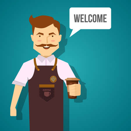 Barista character design with smiling mustached man in brown apron with coffee on blue background vector illustrationのイラスト素材