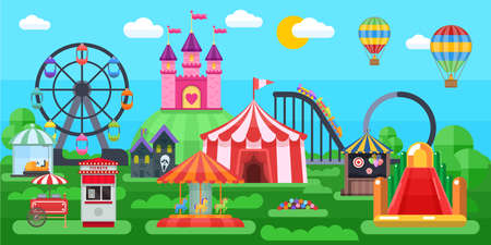 Amusement park panorama with circus tent extreme attractions inflatable slides on summer natural landscape background vector illustrationのイラスト素材