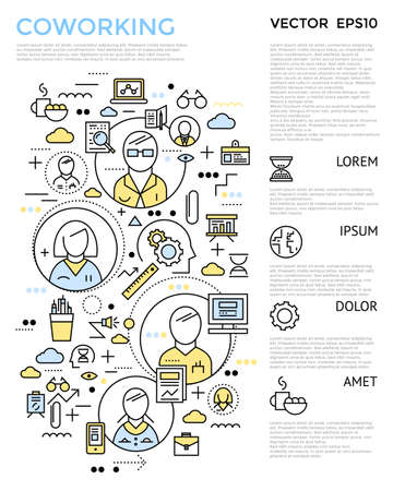 Colored coworking vertical concept with linear elements is on the left and text on the right vector illustrationのイラスト素材