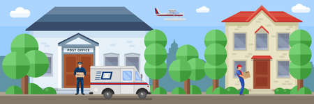 Post service composition with employee near mail office and delivery of order by destination vector...