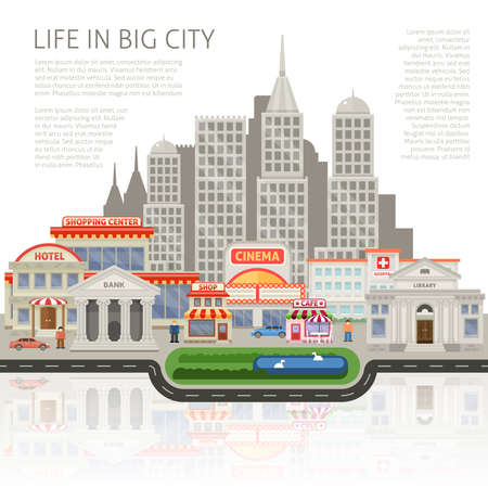 Life in big city design with commercial houses and skyscrapers people buildings silhouettes in background vector illustrationのイラスト素材