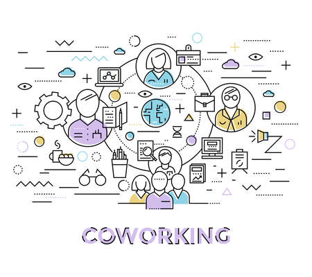 Colored coworking art in linear style with colleagues group associated with each other vector illustrationのイラスト素材