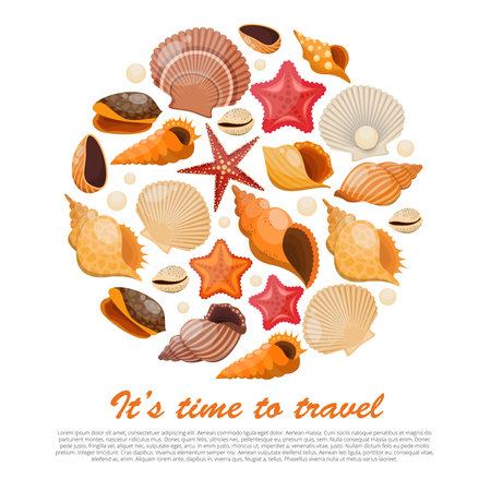 Concept shells and sea stars with isolated icon set combined in round and headline it s time to travel vector illustrationのイラスト素材