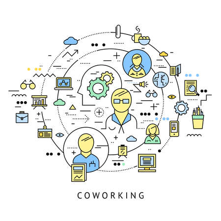 Coworking round composition with isolated line icon set combined in big circle vector illustrationのイラスト素材