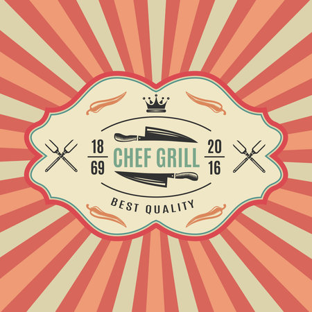 Big retro bbq label with chief grill best quality and colored striped background vector illustrationのイラスト素材