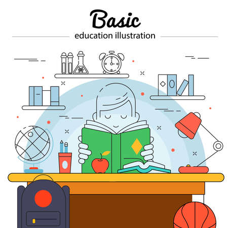 Basic education colored concept in linear style with child does his homework vector illustrationのイラスト素材