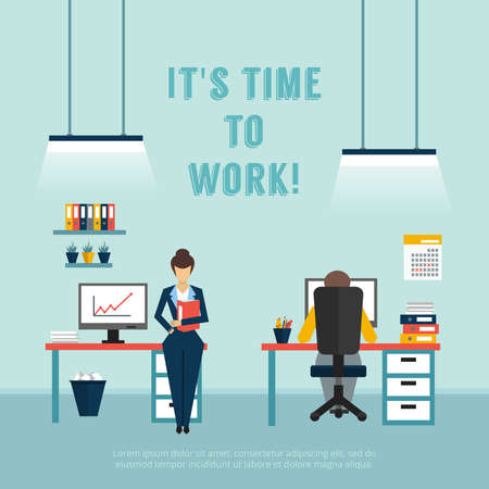 Office interior poster with text it s time to work on light blue background and interior of workplace vector illustrationのイラスト素材