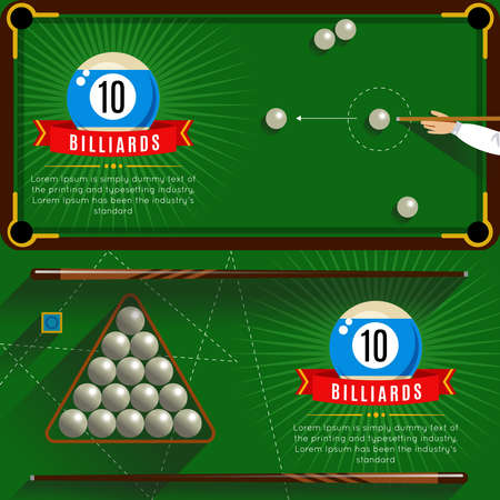 Two horizontal play billiards realistic compositions with red ribbons and 3d pool game vector illustrationのイラスト素材