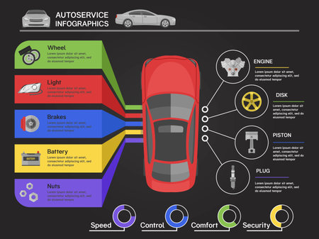 Auto service infographics with car of view from top machine details diagrams on black background vector illustrationのイラスト素材