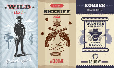Vintage wild west vertical banners with cowboy on desert landscape crossed revolvers sheriff badge lasso wanted poster vector illustrationのイラスト素材