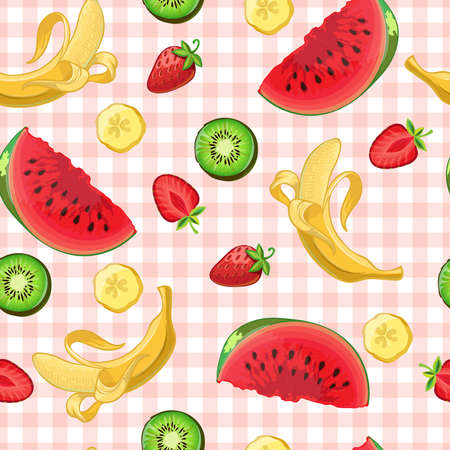 Colorful watermelon kiwi banana and strawberry fruit and slice symbols on pink kitchen tablecloth background vector illustrationのイラスト素材