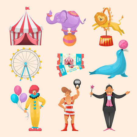 Colorful set of different circus characters animals amusement rides event tickets and stripped marguee symbols vector illustrationのイラスト素材