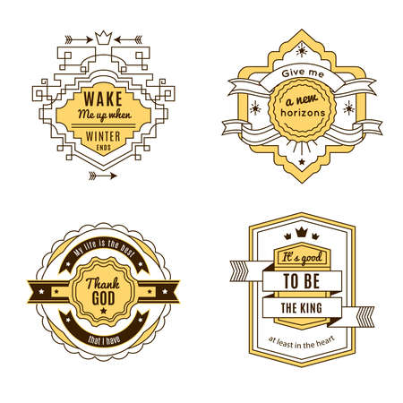 Four colored label set with wake me up when winter ends give me a new horizons descriptions par example vector illustrationのイラスト素材