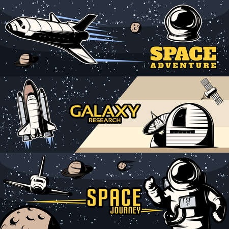 Space horizontal banners set with scientific equipment for galaxy research cosmic shuttles for journeys isolated vector illustrationのイラスト素材