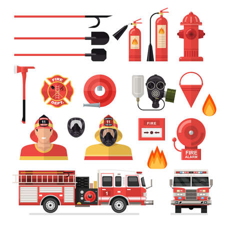 Firefighter isolated colored icon set with tools accessories and vehicles for firefighting vector...
