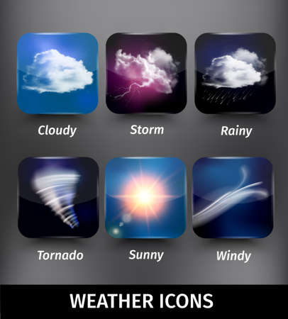 Realistic square weather icon set on cloudy storm rainy tornado sunny windy themes vector illustrationのイラスト素材