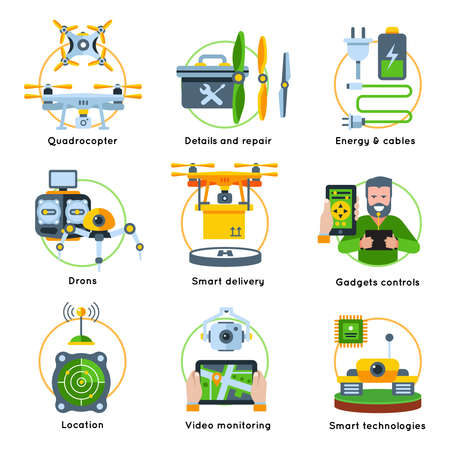 New technologies concept icon set with energy cables smart delivery location gadgets controls descriptions vector illustrationのイラスト素材