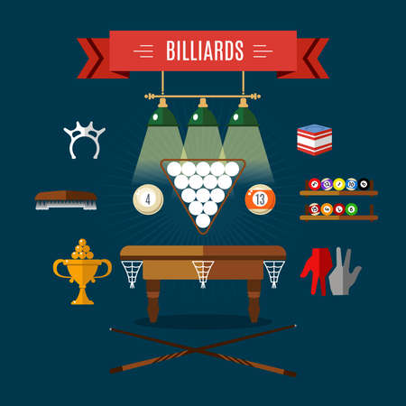 Play billiards flat icon set with sports attributes and accessories on green background vector...