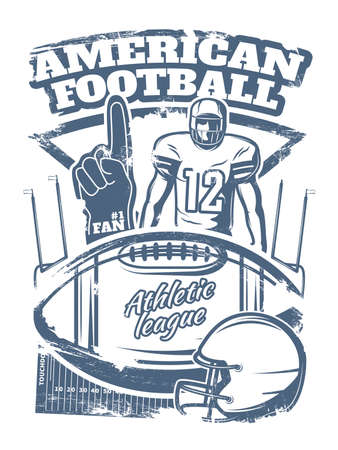 American football monochrome print with player foam hand sports equipment on white background vector illustrationのイラスト素材