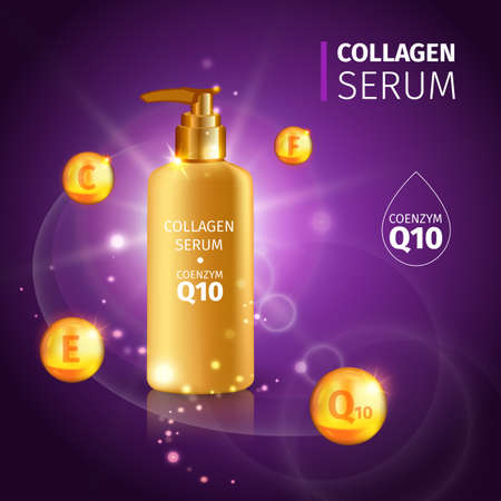 Gold Collagen Serum tubes poster with realistic tube of cream with vitamins vector illustrationのイラスト素材