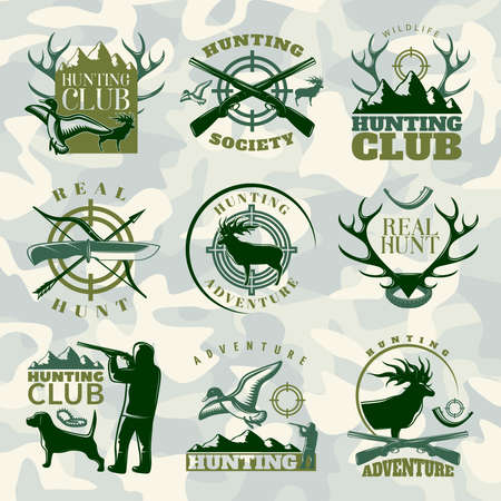Hunting emblem set in color with hunting club hunting society and real hunt descriptions vector illustrationのイラスト素材